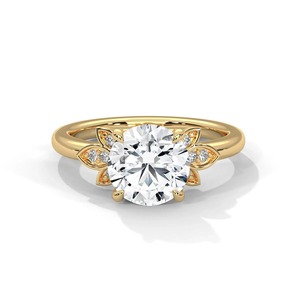 Anillo de compromiso floral de oro amarillo de 14 quilates con diamante redondo cultivado en laboratorio y detalles laterales de hoja, anillo solitario de diamante para mujer - Product Image 1