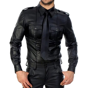 Camisa de Vestir para Hombre, Estilo Formal, con Aspecto de Cuero Negro, Manga Larga, Cierre de Botones, Bolsillos en el Pecho y Cuello Clásico - Product Image 3