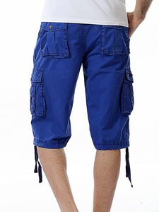 Men's Solid <b>Cargo</b> Shorts Mid Waist Drawstring Closure With Pockets Casual Style Breathable Cotton Fabric Bermuda Length - Product Image 5