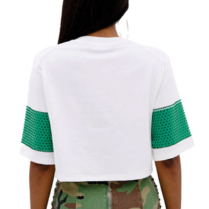 Women’s Rhinestone Number Graphic Crop Jersey Custom Mesh <b>Patchwork</b> Streetwear Oversized Fashion Tee American Football Jersey - Product Image 2