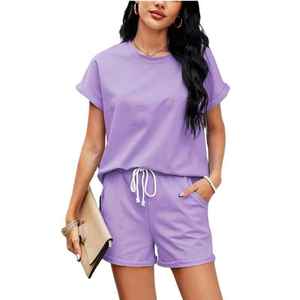 Conjunto de Dos Piezas, Camiseta de Punto y Pantalones Cortos con Logotipo Bordado Personalizado, Conjunto de Ropa Corta Informal para Mujer - Product Image 1