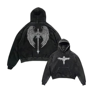 Unisex Y2K Acid Wash <b>Gothic</b> Graphic <b>Hoodies</b> Oversize Grunge Skull Wing Print Sweatshirt Casual Fit Pullover - Product Image 1