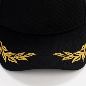 Black 6-Panel Baseball <b>Cap</b> with 3D Gold Leaf Embroidery and Button on Brim Unisex Mesh Fitted <b>Hat</b> Casual Spring Summer Style - Product Image 6