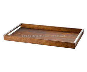 Bandeja de mesa de centro de madera rústica de la India, bandeja de servicio de madera de Acacia hecha a mano, bandeja decorativa de madera redonda ecológica - Product Image 3