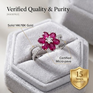 Anillo de Oro Sólido con Rubí Natural y Diamantes, Diseño de Flor, Fabricante de Joyería Personalizada al por Mayor, MOQ 1 Pieza - Product Image 3