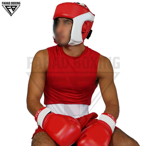Wholesale Red & White Boxing Singlet & Shorts Set with <b>Stretch</b> Breathable Lightweight 100% Polyester for Competition - Product Image 3
