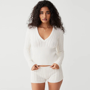 Customized Women's Casual Slim Fit Long Sleeve V Neck Hooded <b>Sweater</b> Mohair Knitted Sweatshirt Front Logo 2 Piece <b>Set</b> Shorts - Product Image 3