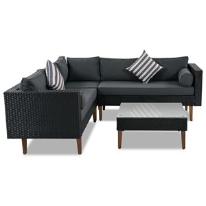 Set di divani da esterno a forma di L in vimini a 4 pezzi con cuscini colorati e cuscini beige, mobili da giardino in rattan marrone - Product Image 5