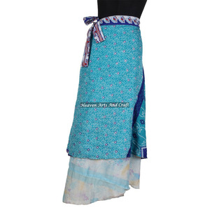 Jupes longues en soie de sari de créateur de 38 pouces de long, 2 couches, réversibles, en soie magique, style sarong - Product Image 5