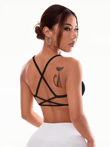 Women Open Back Criss Cross Straps Sports Bra Seamless Ribbed Fitness <b>Crop</b> <b>Top</b> Removable Pads Workout Training Gym Bra - Product Image 4