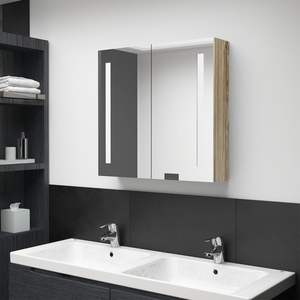Meuble de salle de bain en MDF chêne avec miroir LED, finition mélamine et façade en verre moyen - Product Image 1