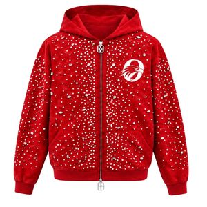Sudadera con capucha roja brillante con cremallera, chaqueta estilo streetwear con cristales, sudadera informal con capucha de manga larga y bolsillos - Product Image 1