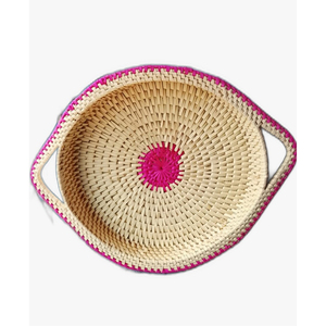 Banana Fibrs Plate Handmade Rattan <b>Storage</b> Tray Round Style Pink Trim Indoor Living Room Decorative <b>Basket</b> 100% Natural - Product Image 2