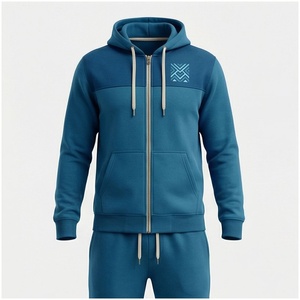 Conjunto Deportivo Azul con Capucha para Hombre, Manga Larga, Cierre Frontal con Cremallera, Logotipo Geométrico, Informal, Transpirable, para Otoño, Corte Regular - Product Image 1
