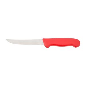 Couteaux à désosser à manche rouge avec lame étroite argentée, poignée ergonomique profilée et protège-doigts pour la découpe de viande et l'usage en boucherie - Product Image 1