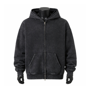Sweat à capuche zippé pour homme, vintage, délavé, coupe oversize, en molleton épais, effet délavé à l'acide, style streetwear, vierge - Product Image 1