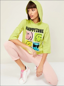 Sudadera con Capucha Verde Lima para Mujer, Estampado de Dibujos Animados Happy Zone, Talla Grande, Manga Tres Cuartos, 100% Algodón Tejido, Estilo Veraniego - Product Image 4