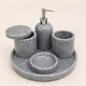 Ensemble d'accessoires de salle de bain en marbre gris naturel, 5 pièces, organisateur de vanité en pierre artisanal avec pompe en acier inoxydable pour hôtel - Product Image 3