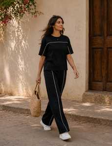 Women's Black <b>Short</b> Sleeve Crew Neck <b>Top</b> <b>And</b> Wide Leg Pants Tracksuit <b>Set</b> With White Contrast Piping - Product Image 5