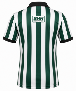 Men Green White Striped Referee Polo <b>Shirt</b> Black Collar Button Placket Short Sleeve Professional Football Officials Game Jersey - Product Image 2