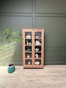 <b>Vintage</b> Display Cabinet Rustic Solid Timber Glazed Cupboard Farmhouse Bookcase Showcase Double Glass <b>Doors</b> Living Room Dining - Product Image 1