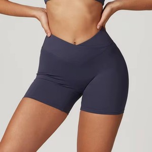 Shorts de yoga taille haute sans couture pour femme, couleur crème unie, en Spandex et Nylon, avec taille élastique, pour fitness, course et cyclisme, longueur courte - Product Image 2