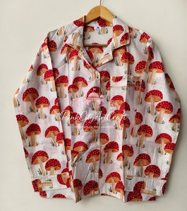 Premium Cotton Flock Print Mushroom Motif Summer Women's Soft Breathable Quick Dry Pajama Set Sleepwear Shirt Lounge Set - Product Image 2