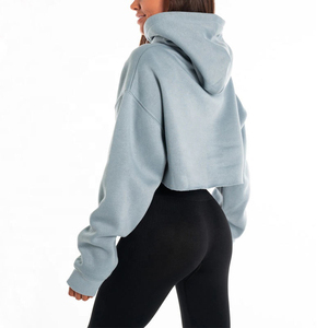 Ladies Autumn Long Sleeve Cropped Top Hoodie Gym Wear Soft Fleece Raw Cut Zipper Pocket Crystal Badge Embroidered Customizable - Product Image 2