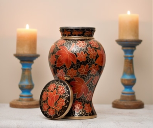 New Unique Arrival Hand-Painted Style Oval Decorative Cremation Urn Maple Red Floral Design Adult 11" Red Black Gold Aluminum - Product Image 1