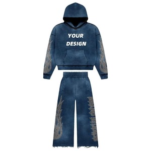 Ensemble de survêtement de haute qualité pour fournisseurs de marques, en tissu épais délavé à l'acide, style vintage, avec strass, coupe évasée, comprenant pantalon de survêtement et sweat à capuche - Product Image 4