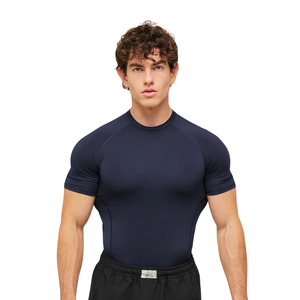 Haut de compression pour homme à col rond et manches raglan courtes, à bandes tonales, séchage rapide, en polyester, coupe ajustée, pour marque privée - Product Image 1