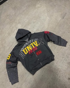 Sweat à capuche zippé vintage pour homme, coupe oversize, en molleton de coton, avec imprimé graphique vieilli et strass, style streetwear - Product Image 1