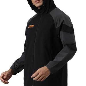 Men's Color Block Hooded <b>Windbreaker</b> Jacket <b>Black</b> Grey Zip Up Front Logo Sporty Spring Coat - Product Image 2