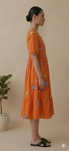 Orange Eco-Friendly Button A-Line <b>Maxi</b> <b>Dress</b> Short Sleeve O-Neck Casual Summer Woven Cotton Loose Fit Breathable Layered Hem - Product Image 2
