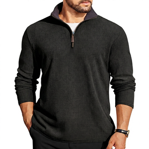 Herren Beige Viertelreißverschluss Strickpullover Regular Fit Einfarbig Stehkragen Lässige Herbstkleidung - Product Image 5
