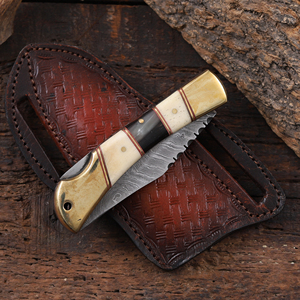 Damascus Steel Bevel Folding Utility <b>Knife</b> Pakka Wood <b>Handle</b> Leather Sheath ODM OEM Pocket EDC Hunting Camping Industrial Grade - Product Image 6