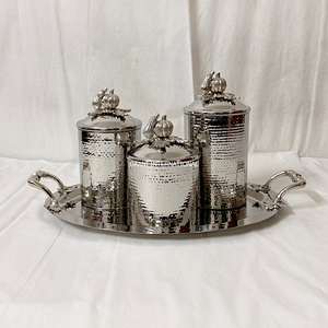 Elegant Metal <b>Jar</b> Set Matching Tray Gold Silver Pumpkin Lids Airtight Spice <b>Storage</b> Canister Set Hammered Effect <b>for</b> <b>Kitchen</b> - Product Image 6