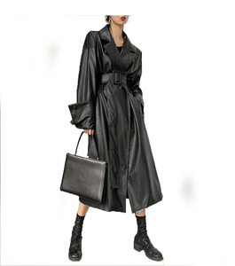 Women's Black PU <b>Leather</b> <b>Long</b> Trench Coat With Belt Turn-down Collar Full Sleeve Autumn Style Minimalist Design - Product Image 1