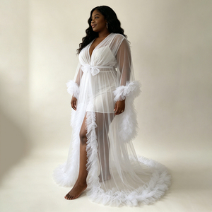 Robe de mariée en tulle pour séance photo de maternité, kimono en tulle avec détails de volants traînants - Product Image 2