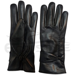 Gants en cuir noir pour femmes avec nœud à revers, élégants, doublure en satin, étiquette privée OEM, mode hiver, compatibles écran tactile - Product Image 1
