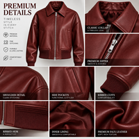 Blouson bomber court en cuir véritable bordeaux pour femme, style vintage, léger, avec fermeture éclair et poignets côtelés