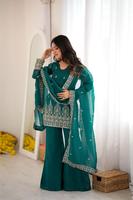 Setelan kurta sutra dengan dupatta, setelan sutra kerja berpayet, celana lebar ukuran bebas, setelan etnik pesta, setelan mewah