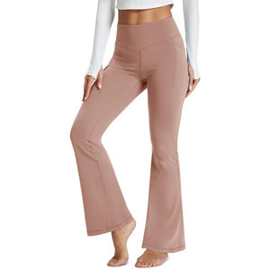 High Waist Flared Leg <b>Yoga</b> <b>Pants</b> Solid Color With Pockets Spandex Nylon Four-Way Stretch Ankle-Length Women Activewear - Product Image 1