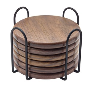 Juego de 6 Posavasos de Madera con Soporte, Diseño Minimalista Ecológico, Color Negro, 1 cm de Grosor, Impresión de Logotipo Personalizable para Uso en Bares y Cocinas - Product Image 1