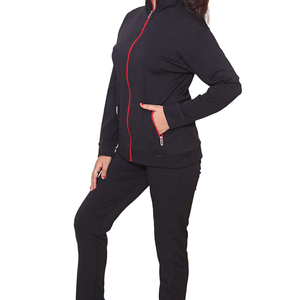 Survêtement noir 2 pièces pour femme, sweat-shirt à fermeture éclair intégrale avec bordure rouge, poches latérales, coupe classique, style sportif automne - Product Image 4