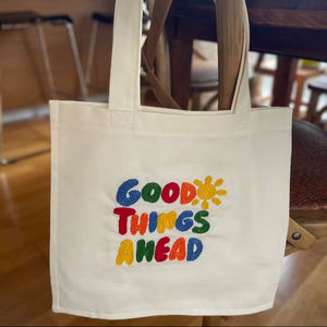 Colorful Chenille Embroidery Cotton Canvas <b>Tote</b> <b>Bag</b> Reusable Letter Patch Shoulder Handbag <b>For</b> Women Shopping Travel <b>School</b> Use - Product Image 1