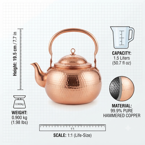 Bouilloire à thé en cuivre pur martelé à la main, forme ronde, fournisseur en gros pour restaurants, maisons et hôtels - Product Image 5
