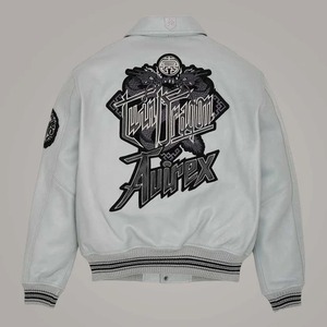 Avirex Twin Dragon Grey <b>Sheepskin</b> Leather Varsity Bomber <b>Jacket</b> Limited Edition - Product Image 2