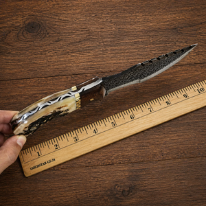 Couteau de chasse multifonctionnel artisanal en acier à haute teneur en carbone, 9 pouces, manche en corne, pour le camping, avec étui en cuir pour une utilisation en extérieur - Product Image 3