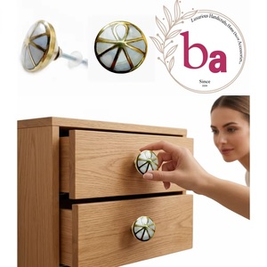 Modern Industrial Round Brass Cabinet Knob with Mother Pearl Inlay for Dresser Living Room Home Office <b>Drawer</b> Hardware - Product Image 2